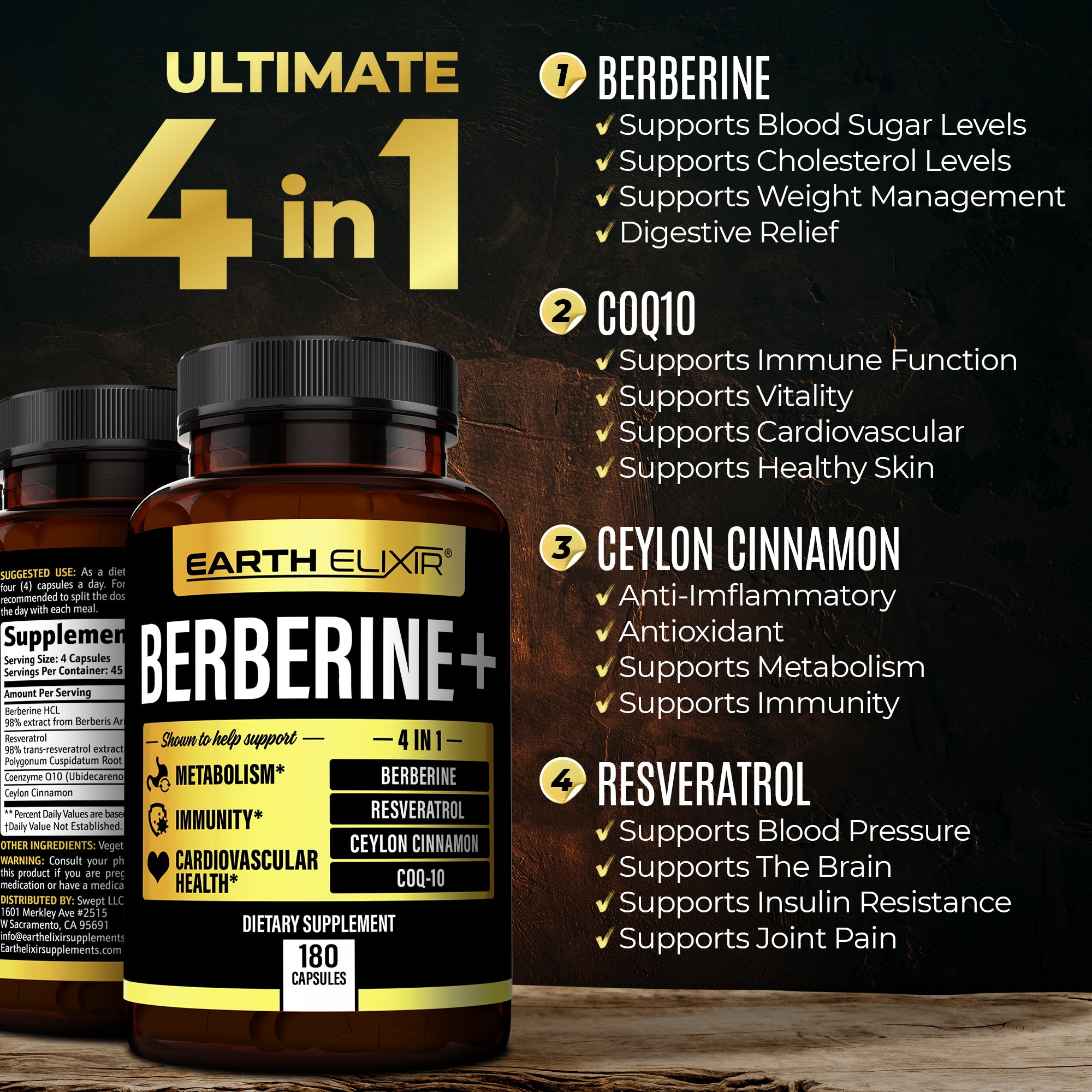 4 in 1 Berberine, Ceylon Cinnamon,  CoQ10, & Resveratrol