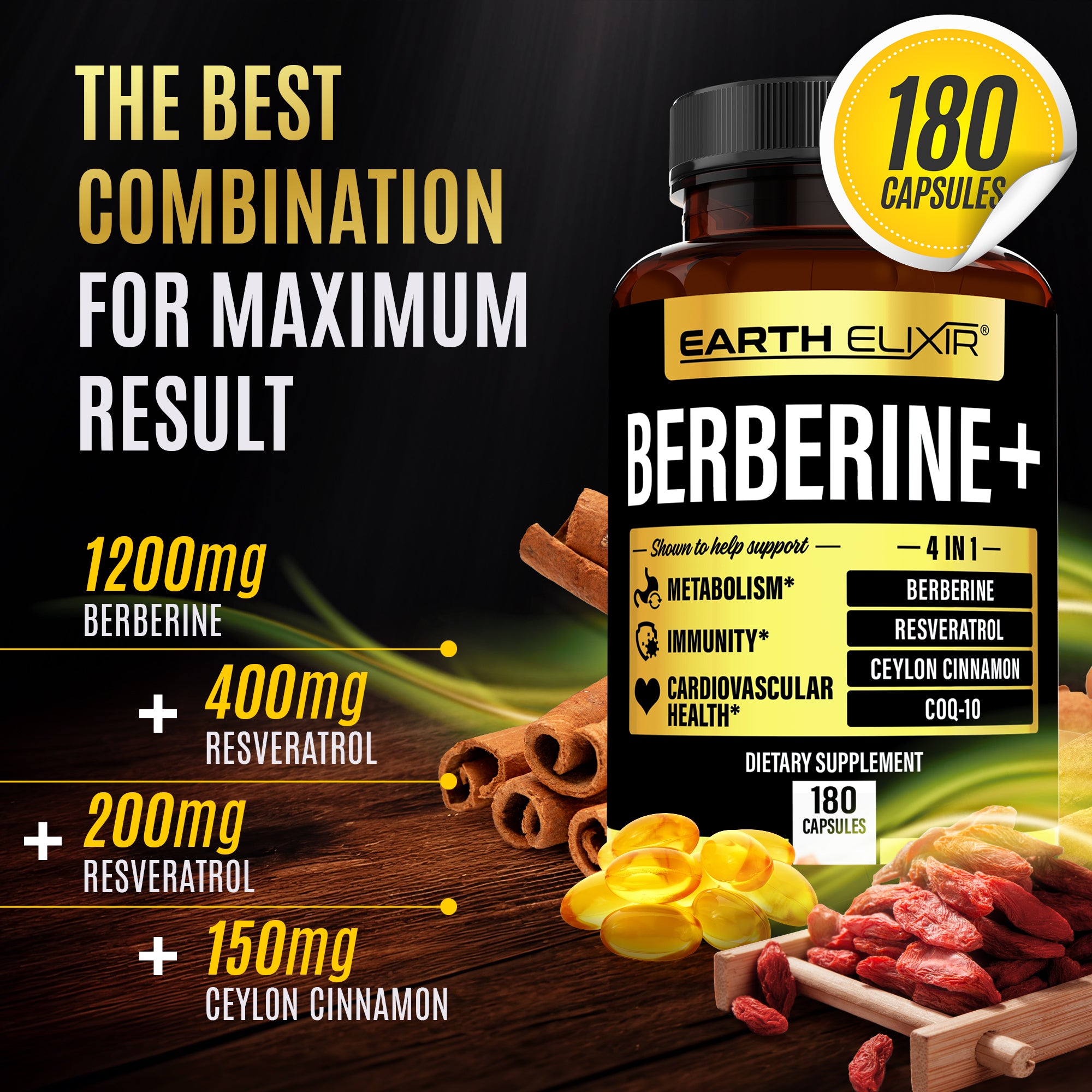 4 in 1 Berberine, Ceylon Cinnamon,  CoQ10, & Resveratrol