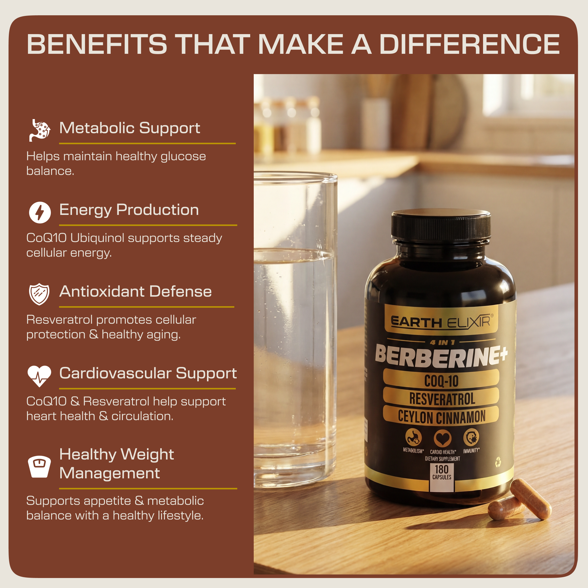 Elixir Supplement Berberine, Ceylon Cinnamon, CoQ10 & Resveratrol Supplement | Earth Elixir
